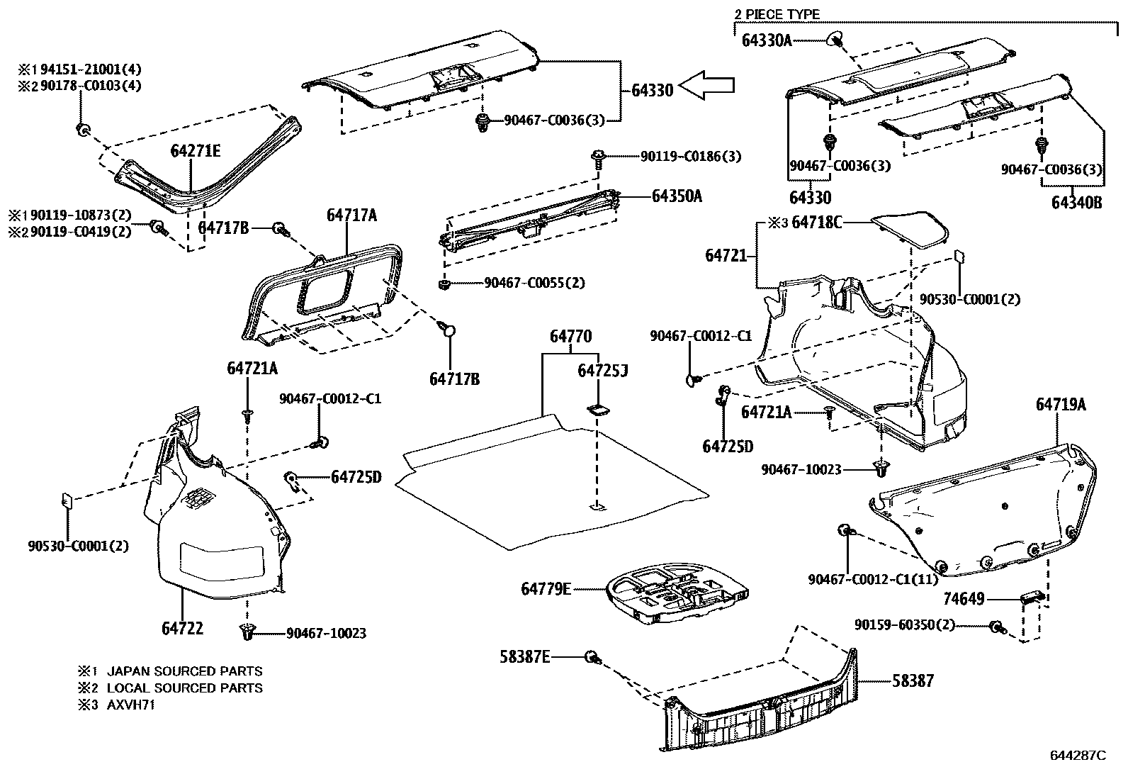 Toyota CAMRY 杂物箱板和行李箱垫 EPC diagram — 644287C