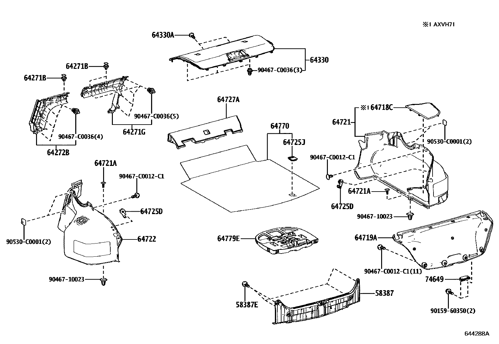 Toyota CAMRY 杂物箱板和行李箱垫 EPC diagram — 644288A