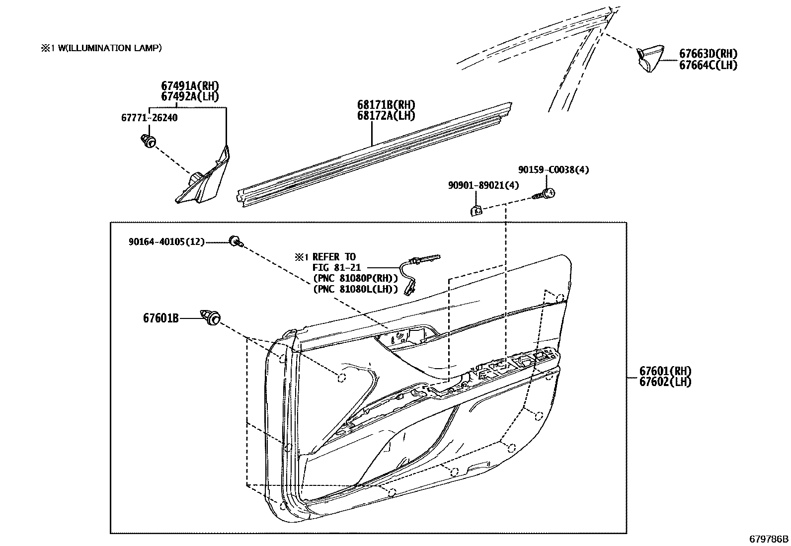 Toyota CAMRY 前门板和前门玻璃 EPC diagram — 679786B