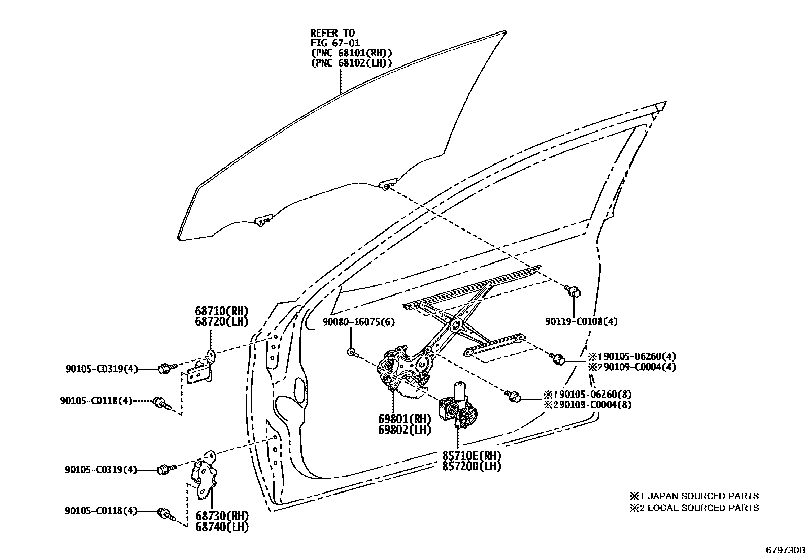 Toyota CAMRY 前门车窗升降器和合页 EPC diagram — 679730B
