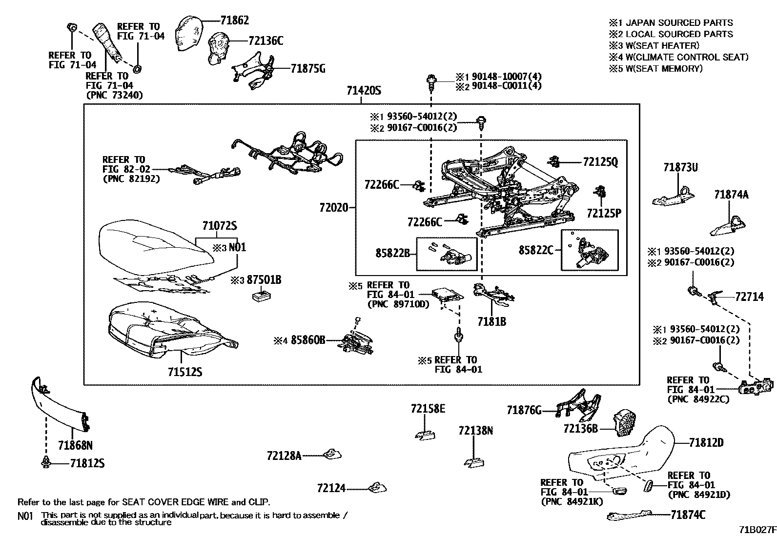 Toyota CAMRY 前排座椅和座椅滑轨 EPC diagram — 71B027F
