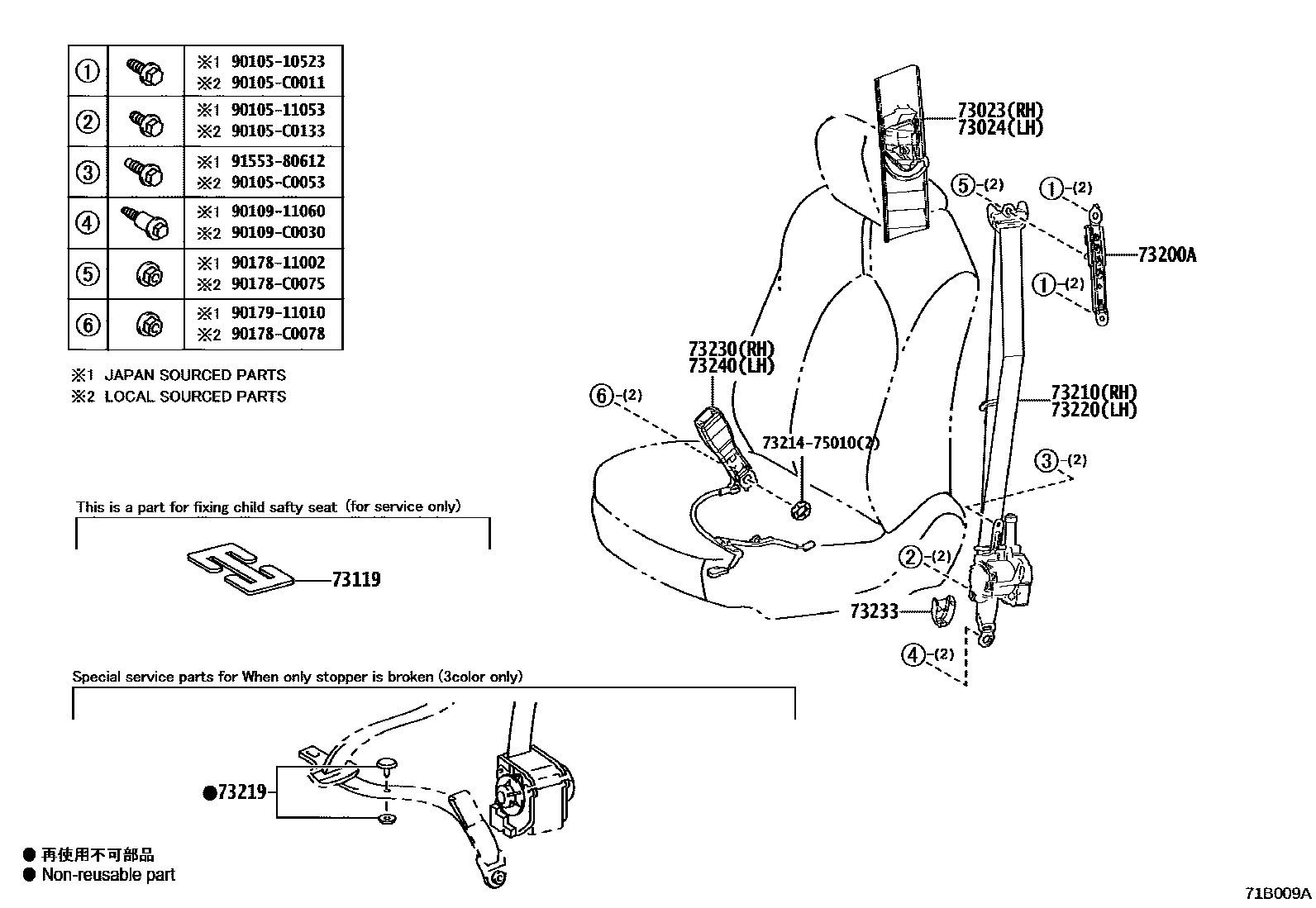 Toyota CAMRY 安全带和儿童保护座椅 EPC diagram — 71B009A