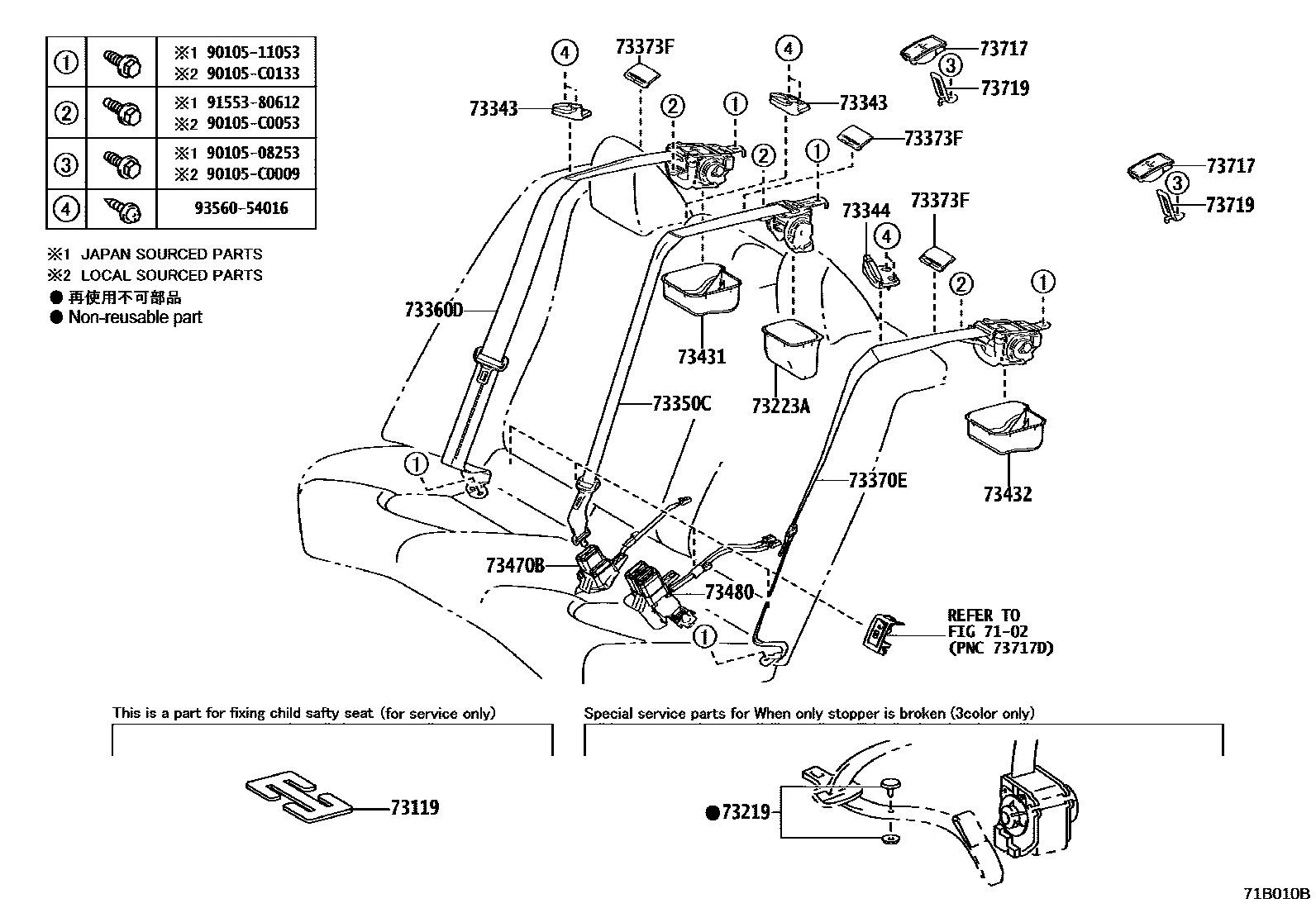 Toyota CAMRY 安全带和儿童保护座椅 EPC diagram — 71B010B