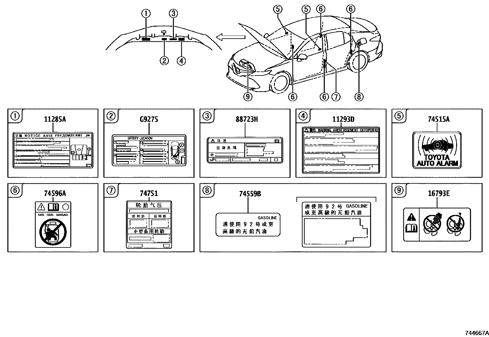 Toyota CAMRY 警示铭牌(车外和车内) EPC diagram — 744667A