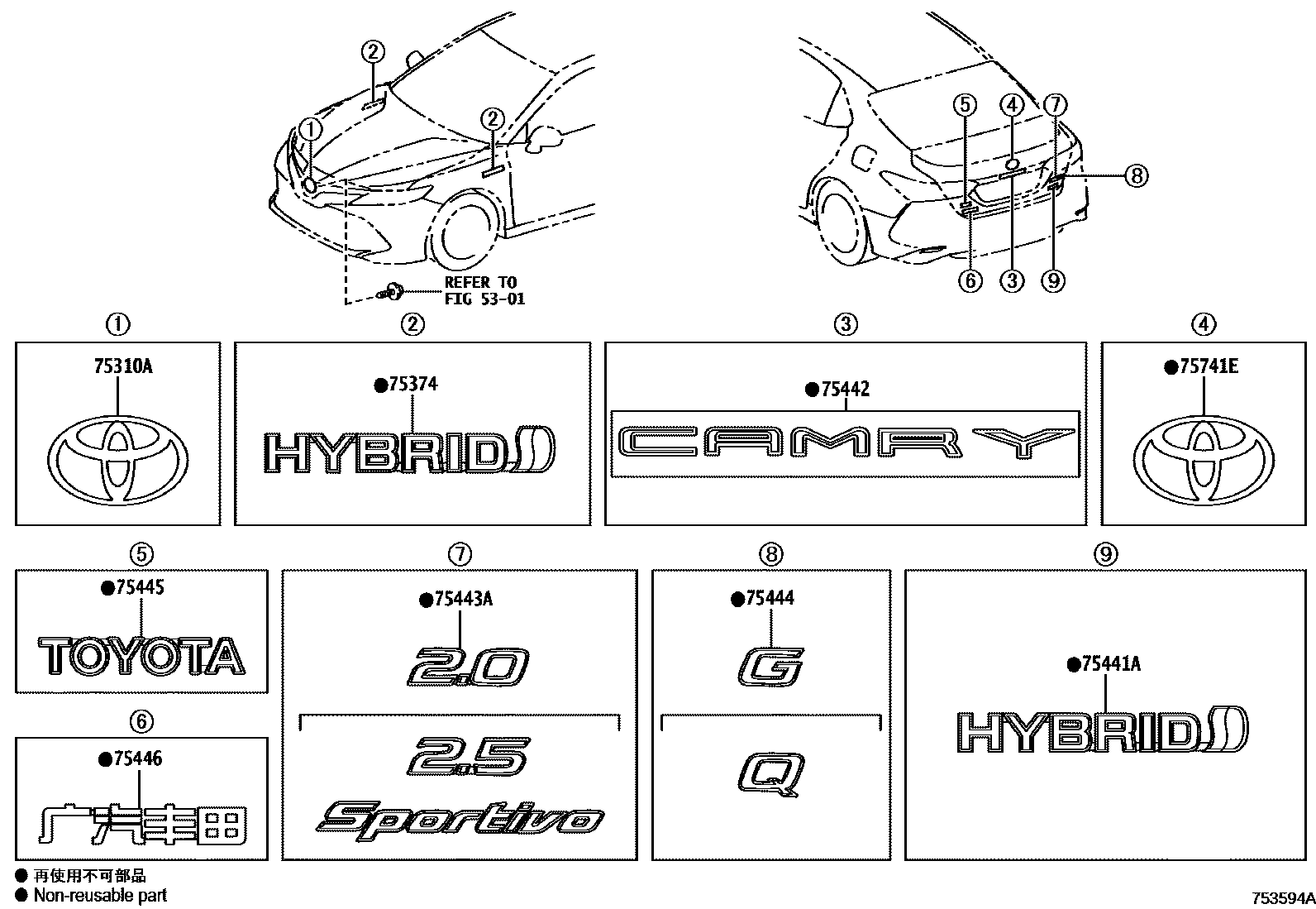 Toyota CAMRY 丰田徽标和铭牌(车外和车内) EPC diagram — 753594A