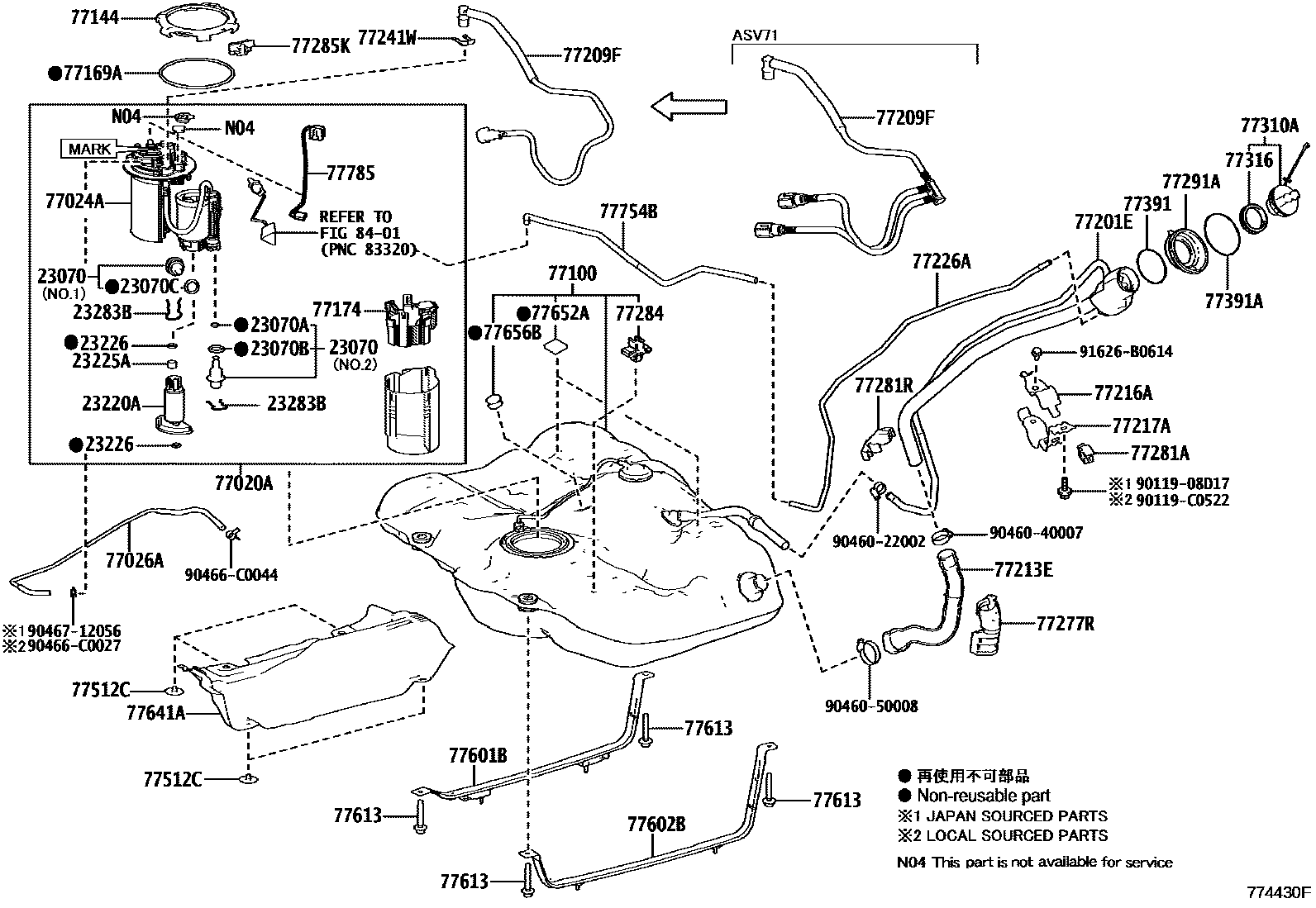 Toyota CAMRY 燃油箱和燃油管 EPC diagram — 774430F