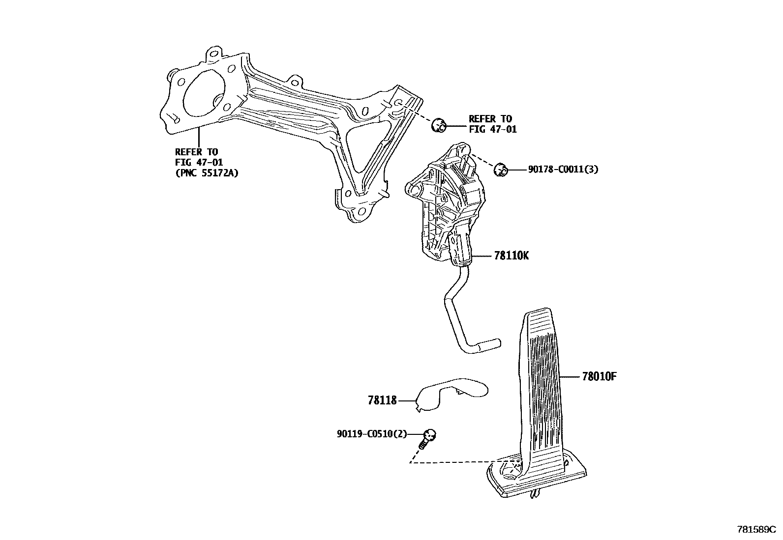 Toyota CAMRY accelerator pedal connecting rod EPC diagram — 781589C