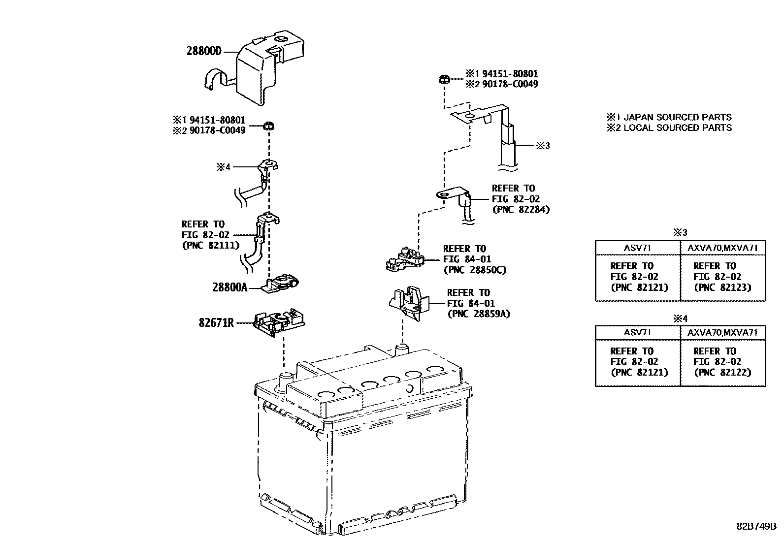 Toyota CAMRY 蓄电池和蓄电池电缆 EPC diagram — 82B749B