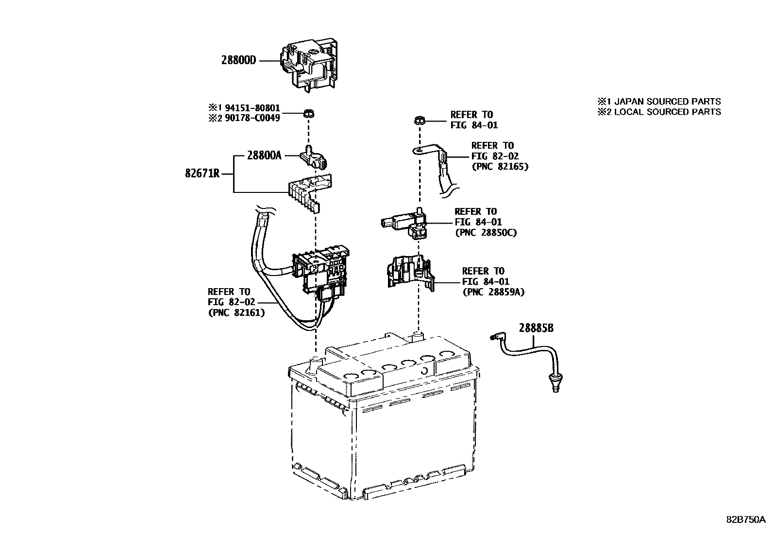 Toyota CAMRY 蓄电池和蓄电池电缆 EPC diagram — 82B750A