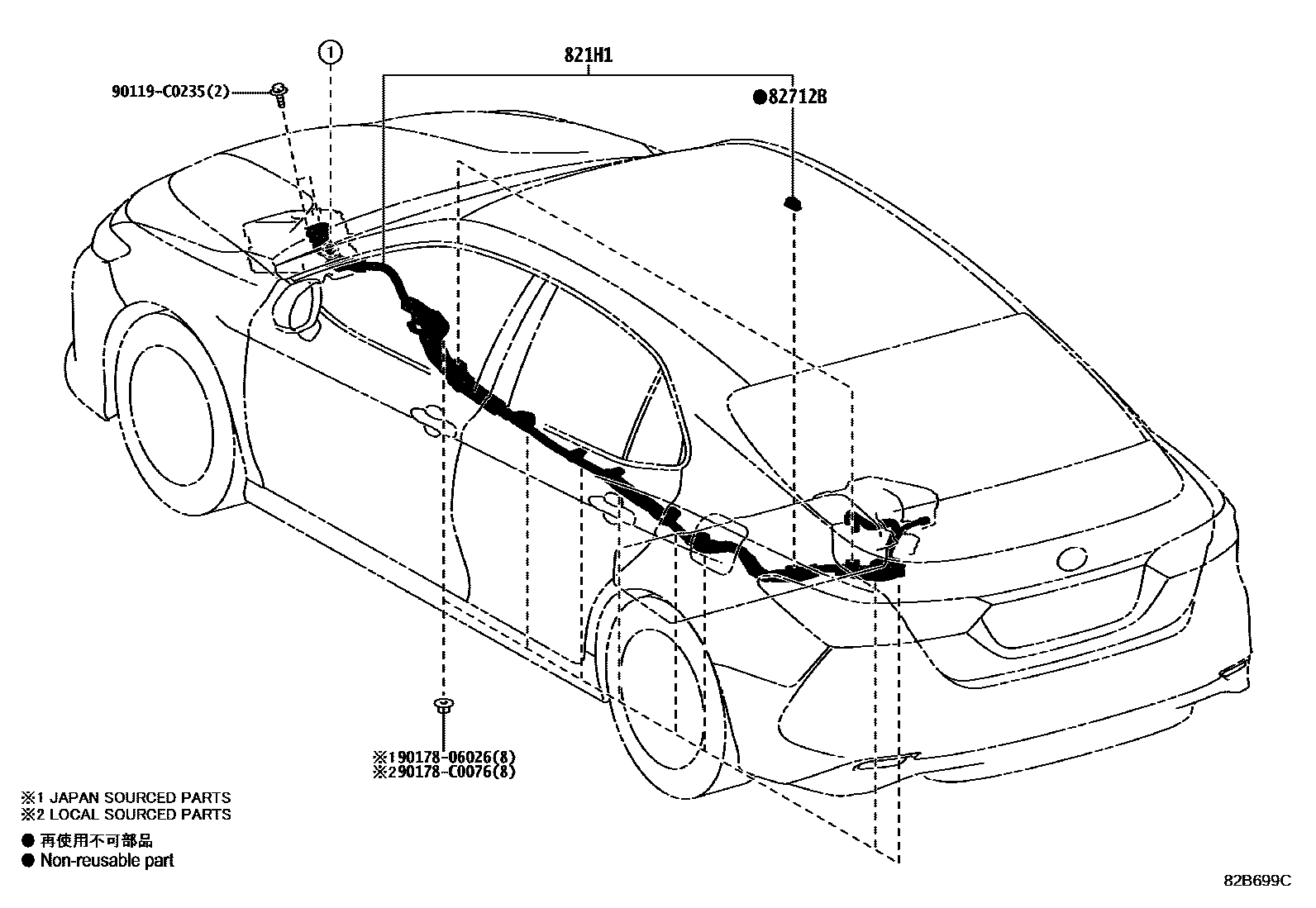 Toyota CAMRY 线束和卡夹 EPC diagram — 82B699C