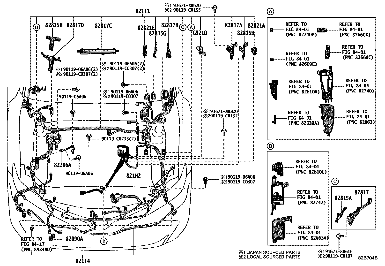 Toyota CAMRY 线束和卡夹 EPC diagram — 82B704B