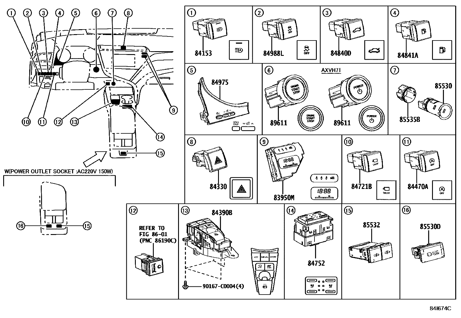 Toyota CAMRY 开关和继电器和ECU EPC diagram — 84I674C