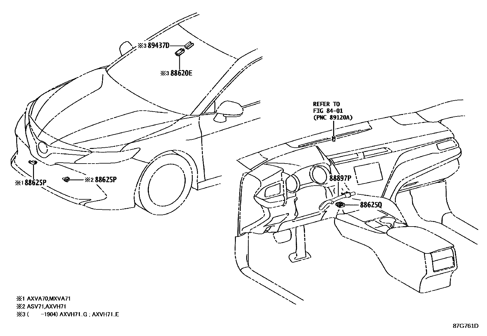 Toyota CAMRY 暖风和空调系统 - 控制器和风管 EPC diagram — 87G761D