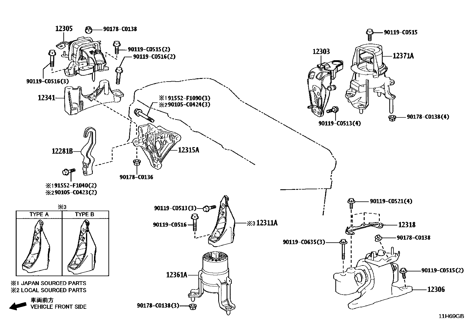 Toyota CAMRY Engine Mounting EPC diagram — 11H69GB