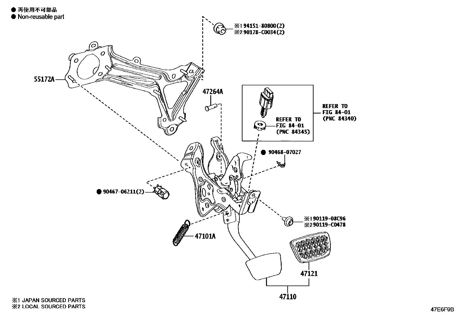 Toyota CAMRY Brake Pedal & Bracket EPC diagram — 47E6F9B