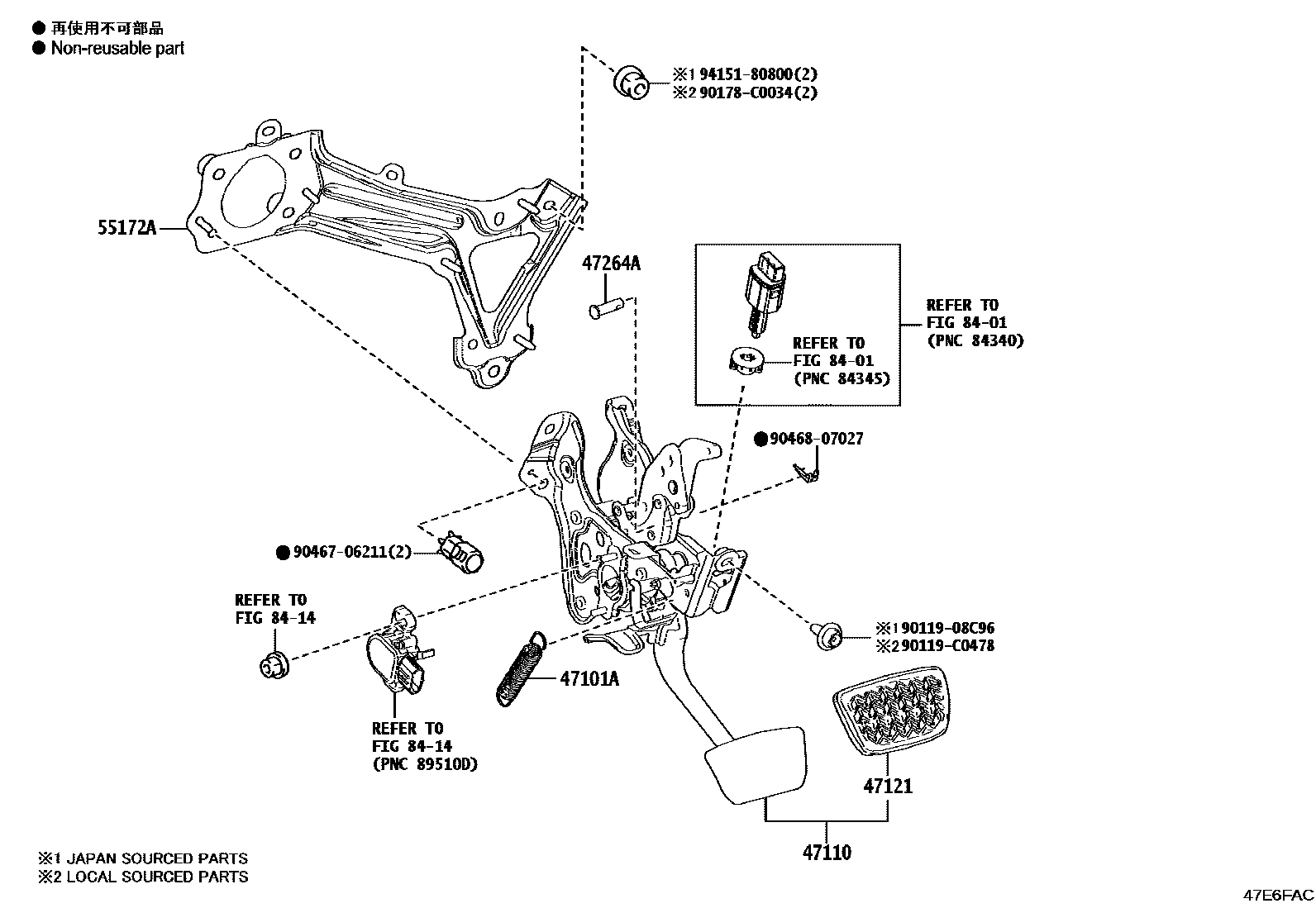 Toyota CAMRY Brake Pedal & Bracket EPC diagram — 47E6FAC