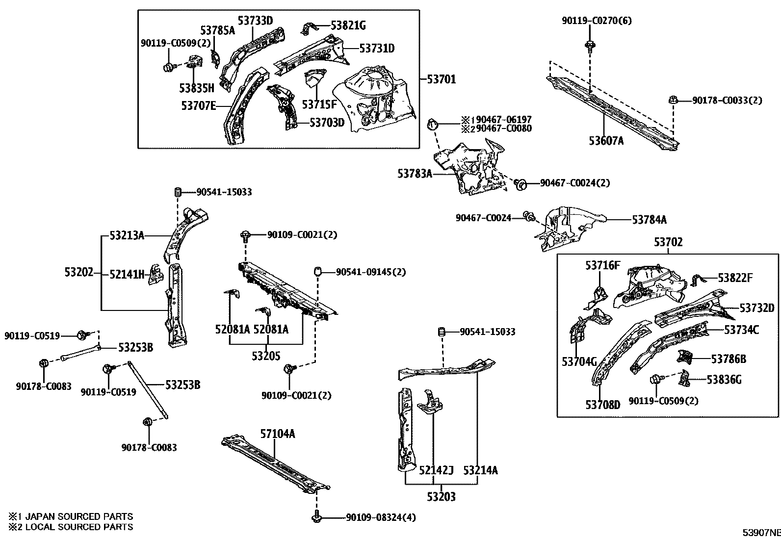 Toyota CAMRY 前翼子板挡泥板和前围板 EPC diagram — 53907NB