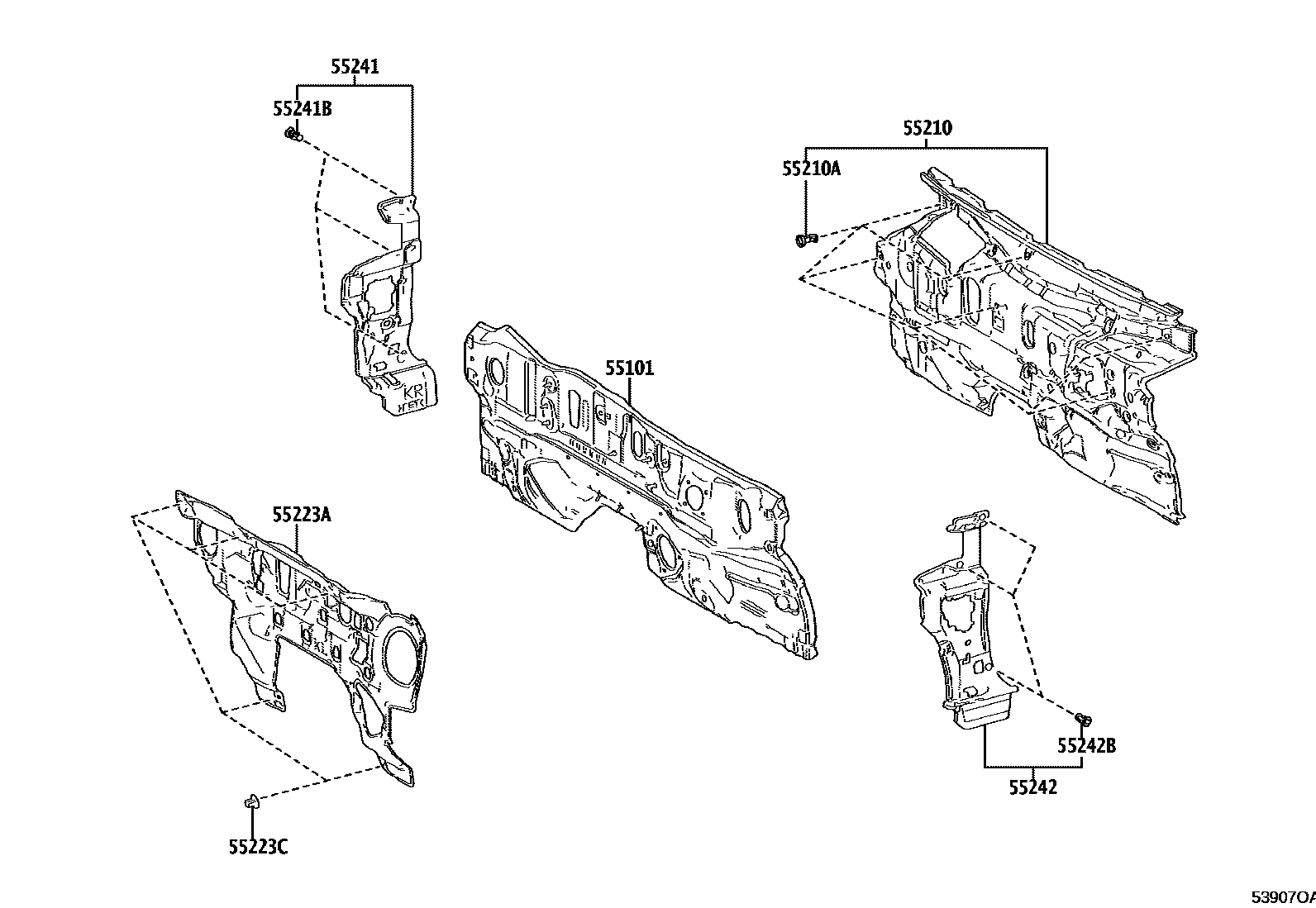 Toyota CAMRY 前翼子板挡泥板和前围板 EPC diagram — 53907OA