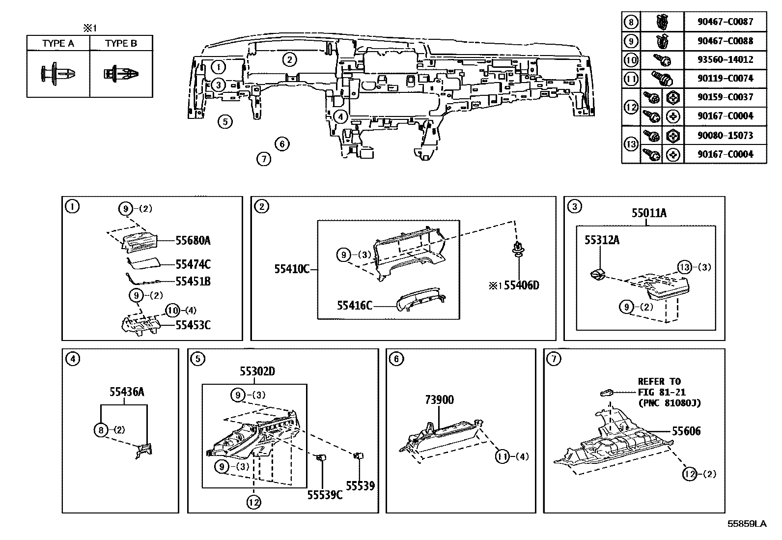 Toyota CAMRY 仪表板和手套箱 EPC diagram — 55859LA