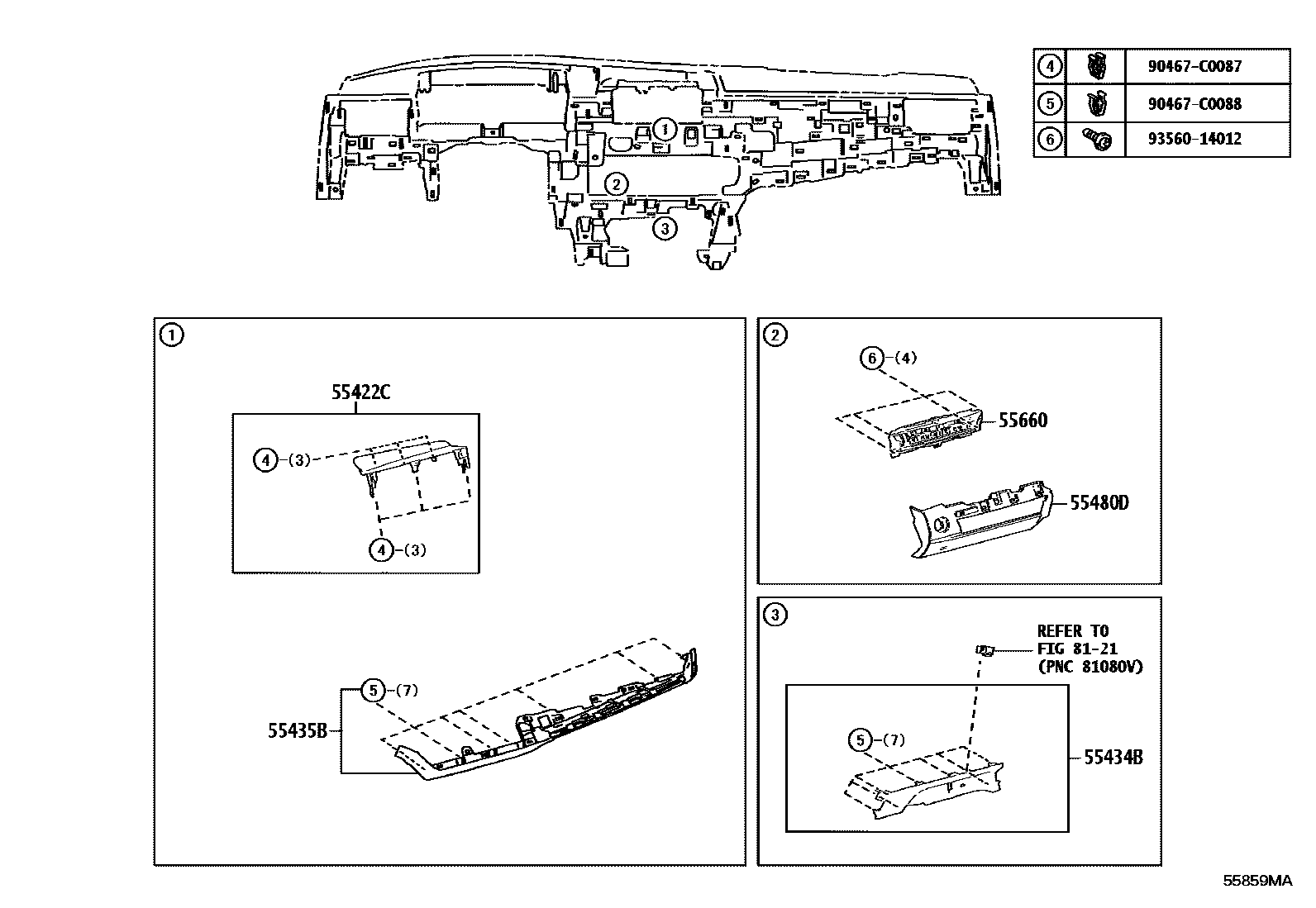 Toyota CAMRY 仪表板和手套箱 EPC diagram — 55859MA