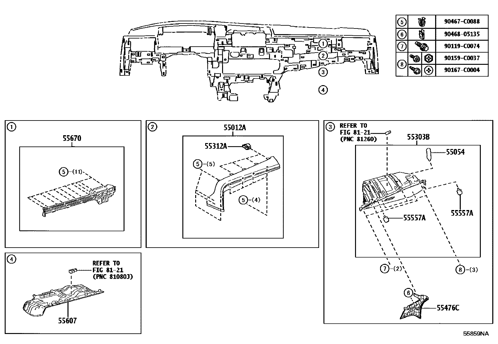 Toyota CAMRY 仪表板和手套箱 EPC diagram — 55859NA