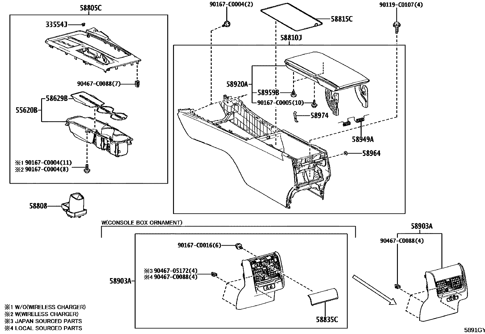 Toyota CAMRY 中央扶手箱和支架 EPC diagram — 5891GY