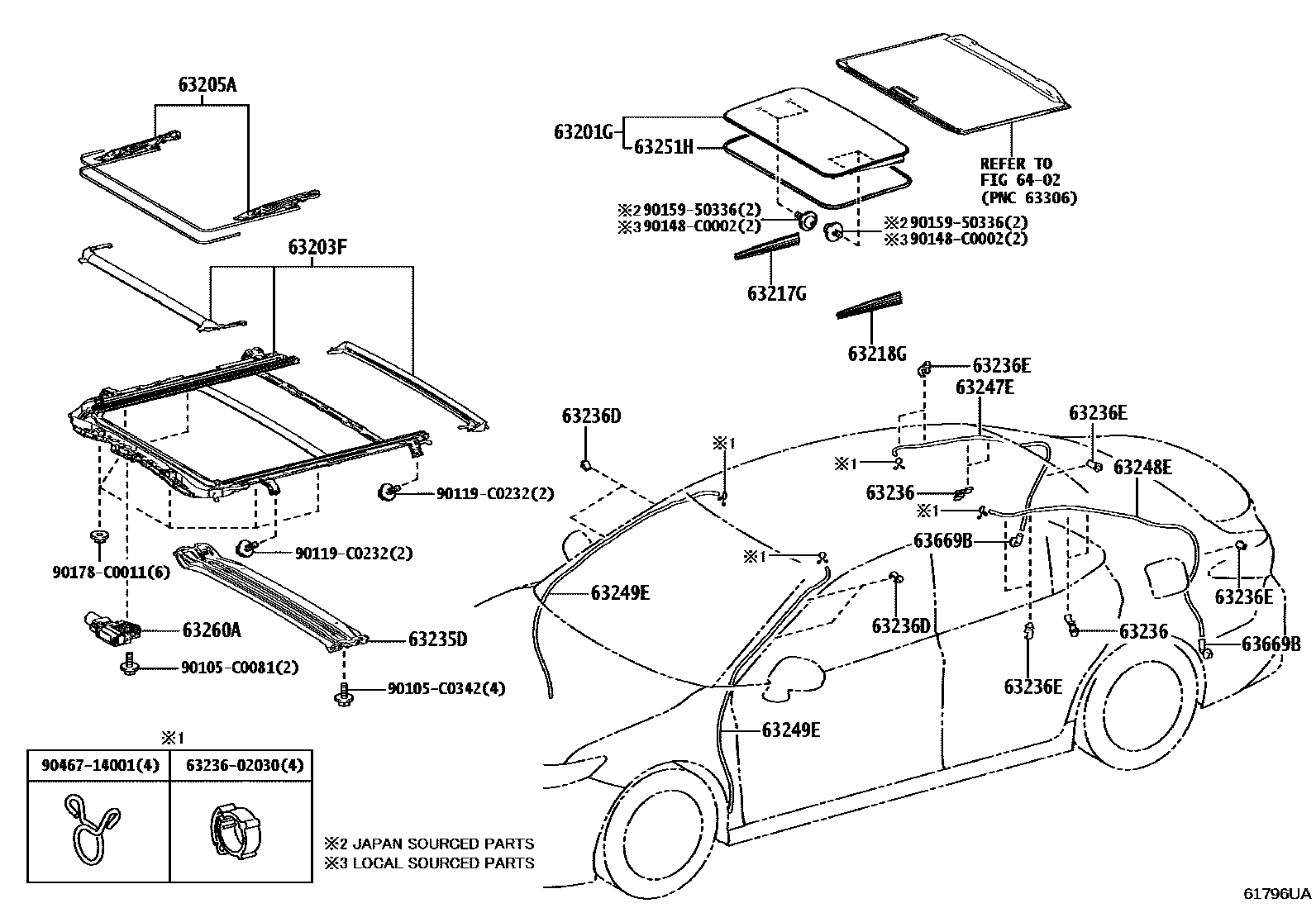 Toyota CAMRY 天窗板和背窗玻璃 EPC diagram — 61796UA