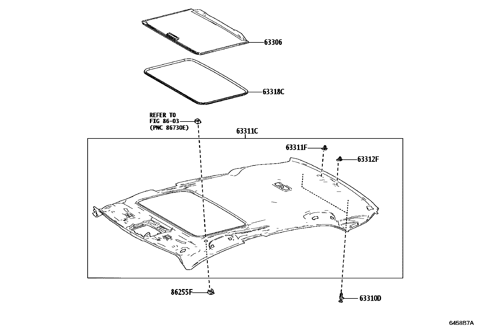 Toyota CAMRY 车顶内衬和消声垫 EPC diagram — 6458B7A