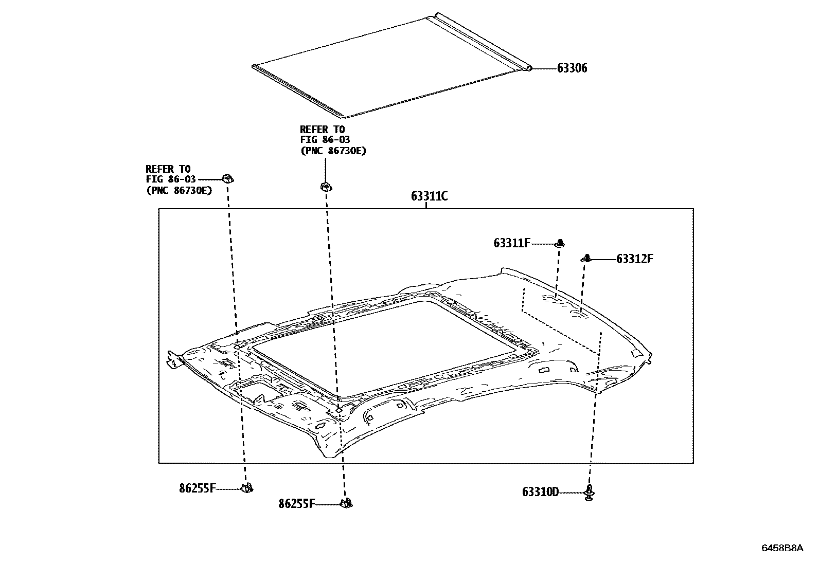 Toyota CAMRY 车顶内衬和消声垫 EPC diagram — 6458B8A