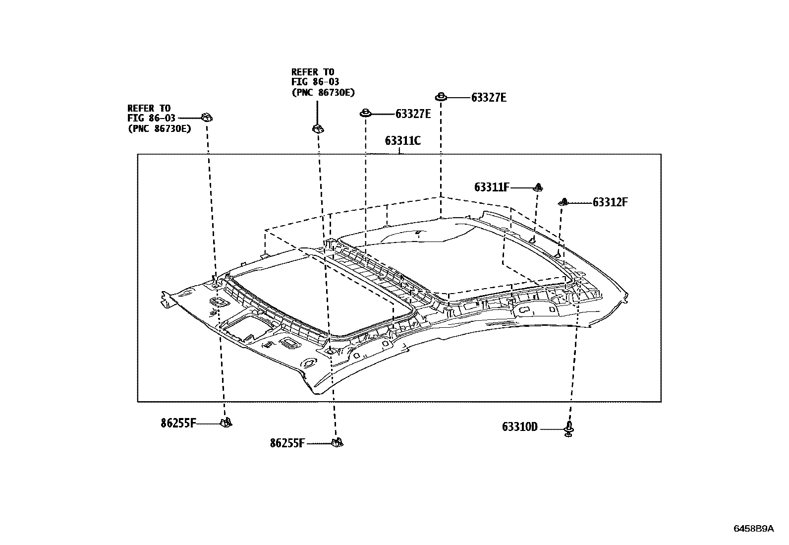 Toyota CAMRY 车顶内衬和消声垫 EPC diagram — 6458B9A