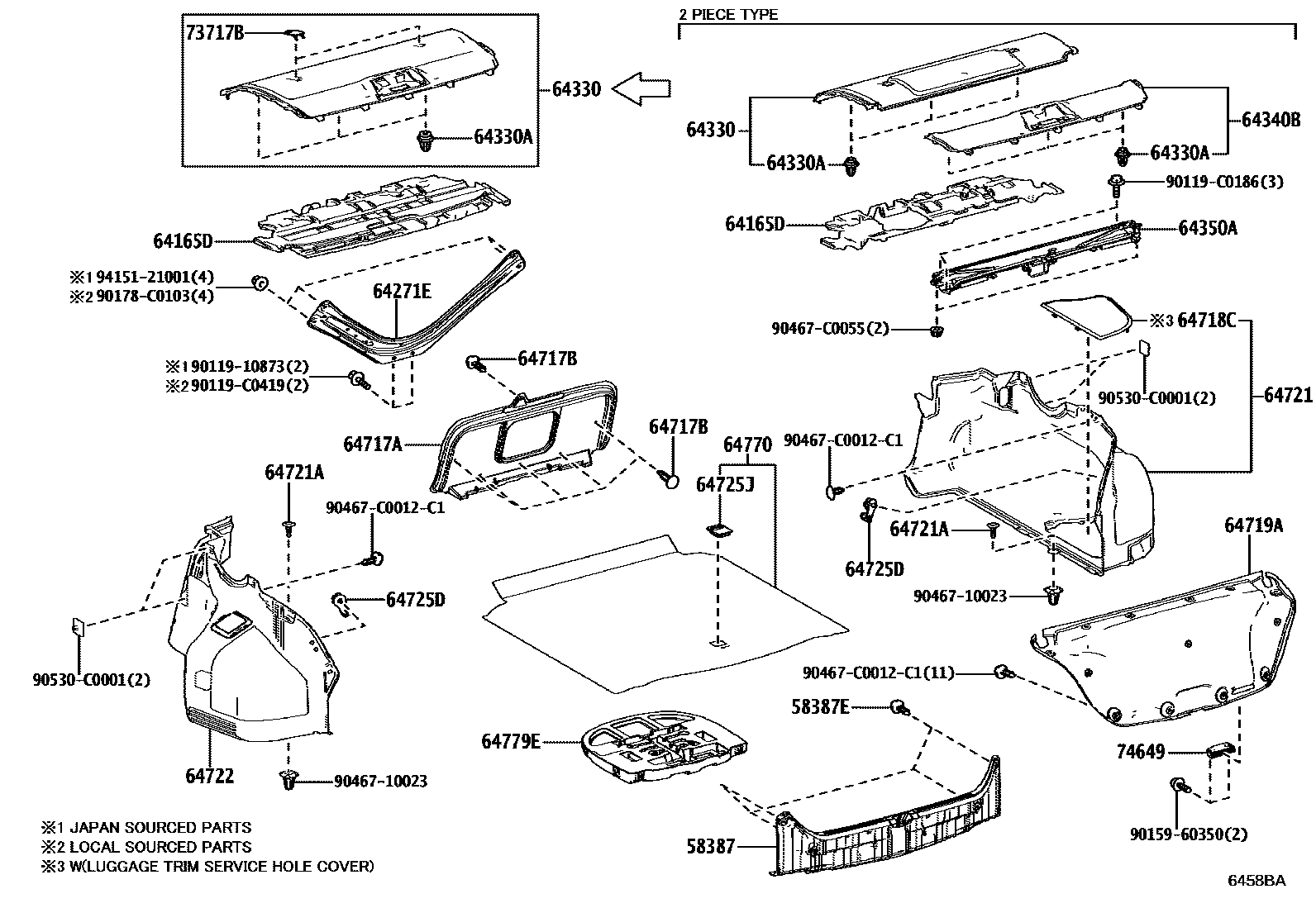 Toyota CAMRY 杂物箱板和行李箱垫 EPC diagram — 6458BA