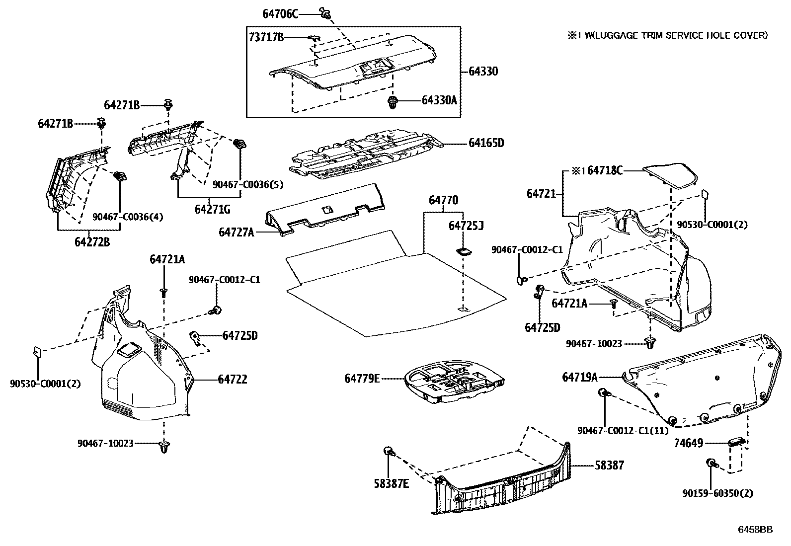 Toyota CAMRY 杂物箱板和行李箱垫 EPC diagram — 6458BB