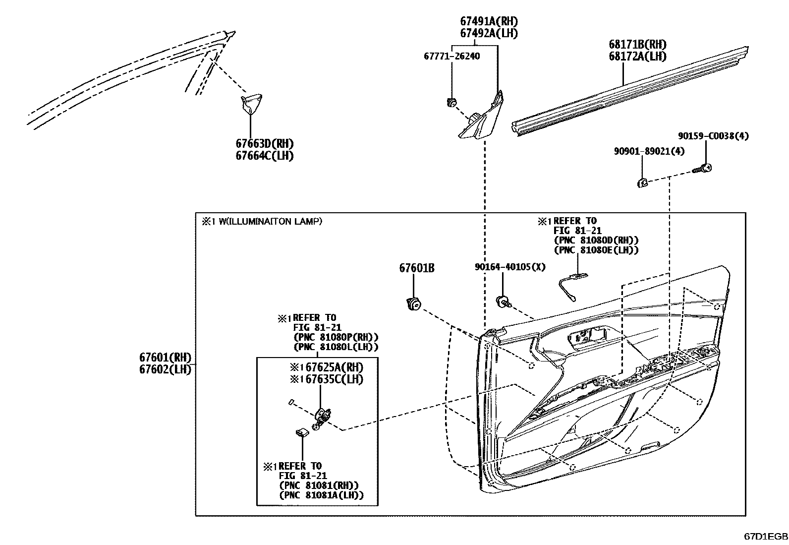 Toyota CAMRY 前门板和前门玻璃 EPC diagram — 67D1EGB