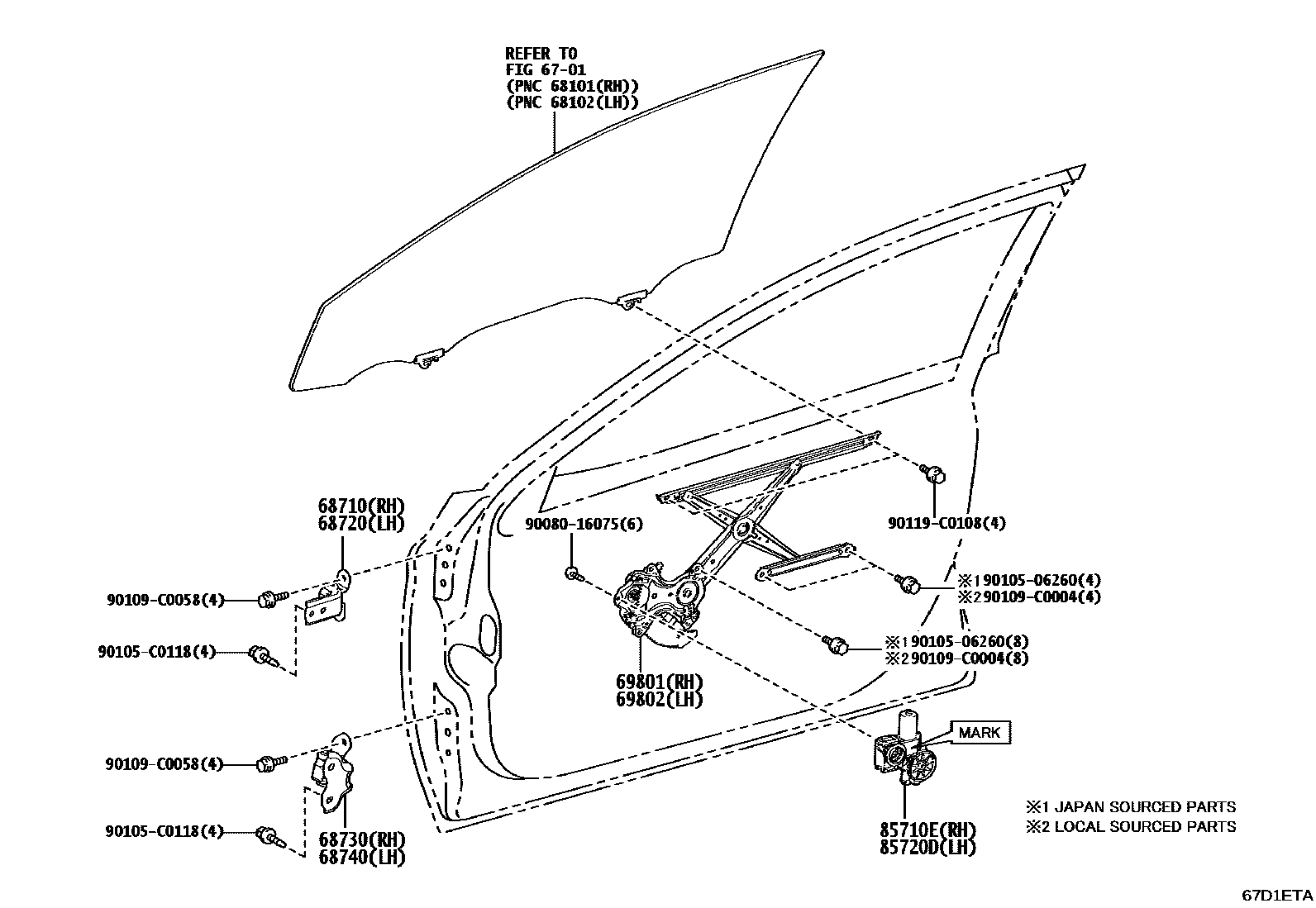 Toyota CAMRY 前门车窗升降器和合页 EPC diagram — 67D1ETA
