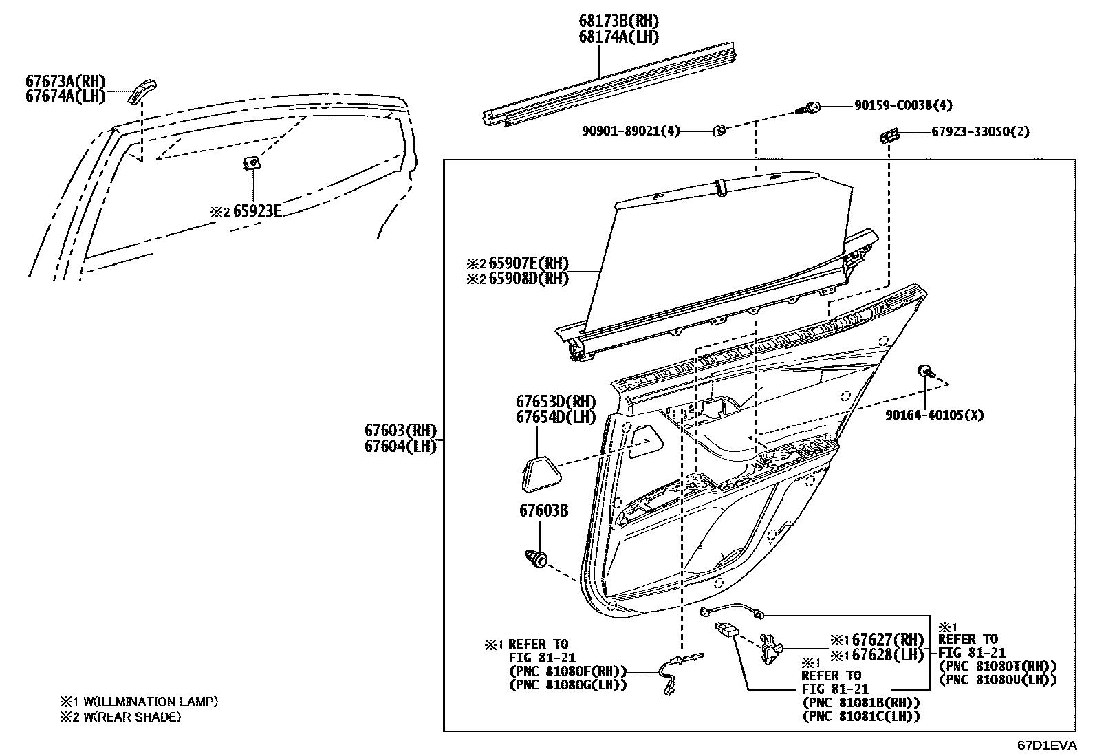 Toyota CAMRY 后门板和后门玻璃 EPC diagram — 67D1EVA