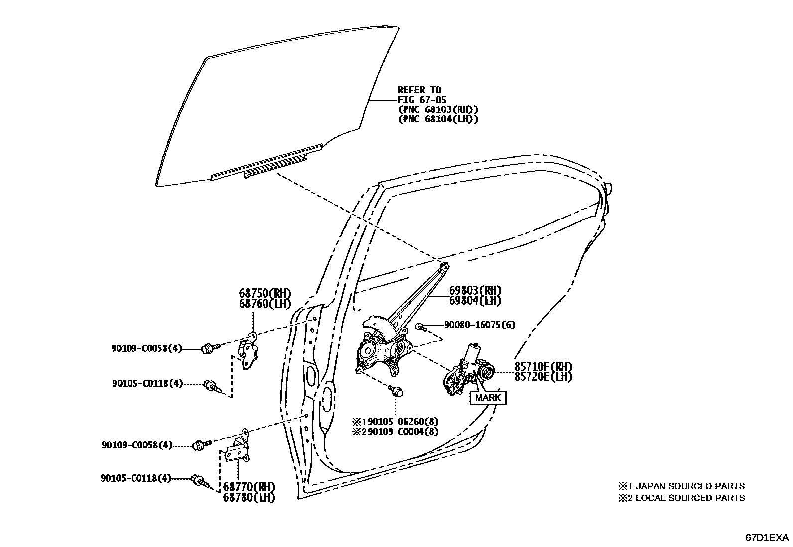 Toyota CAMRY 后门车窗升降器和合页 EPC diagram — 67D1EXA