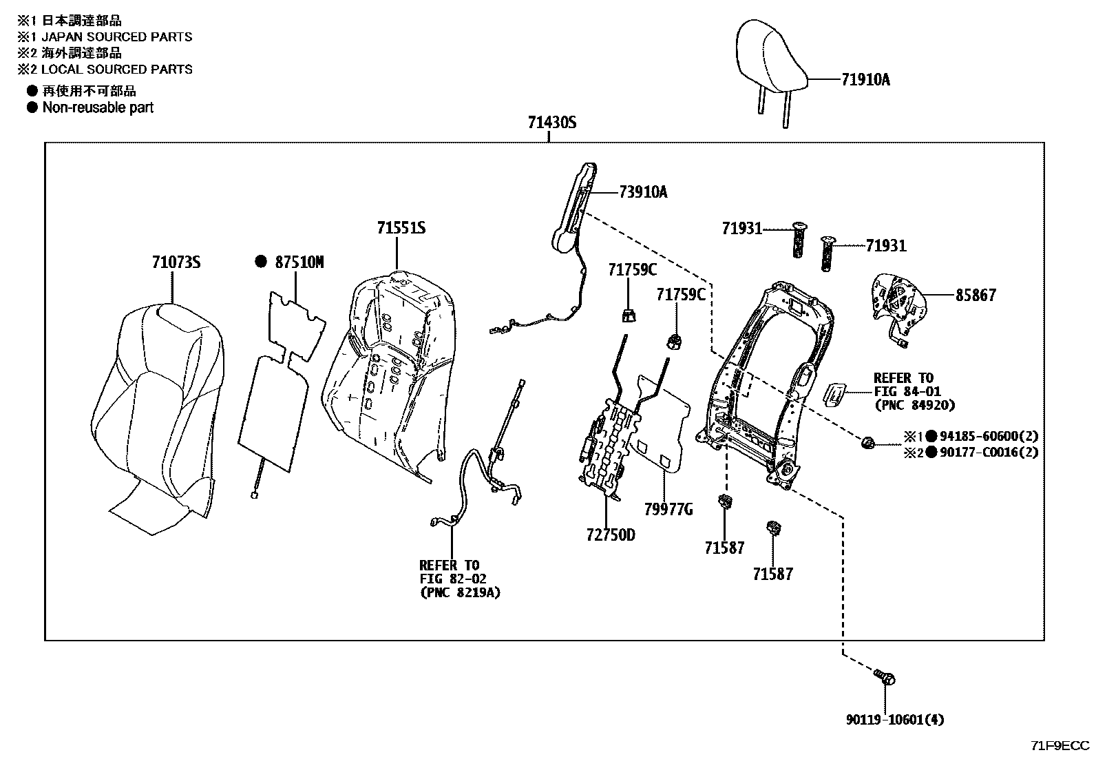 Toyota CAMRY 前排座椅和座椅滑轨 EPC diagram — 71F9ECC