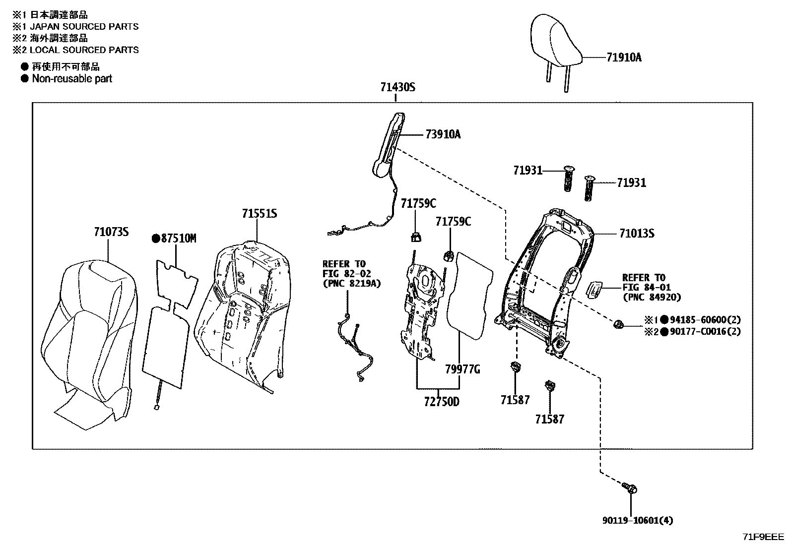 Toyota CAMRY 前排座椅和座椅滑轨 EPC diagram — 71F9EEE