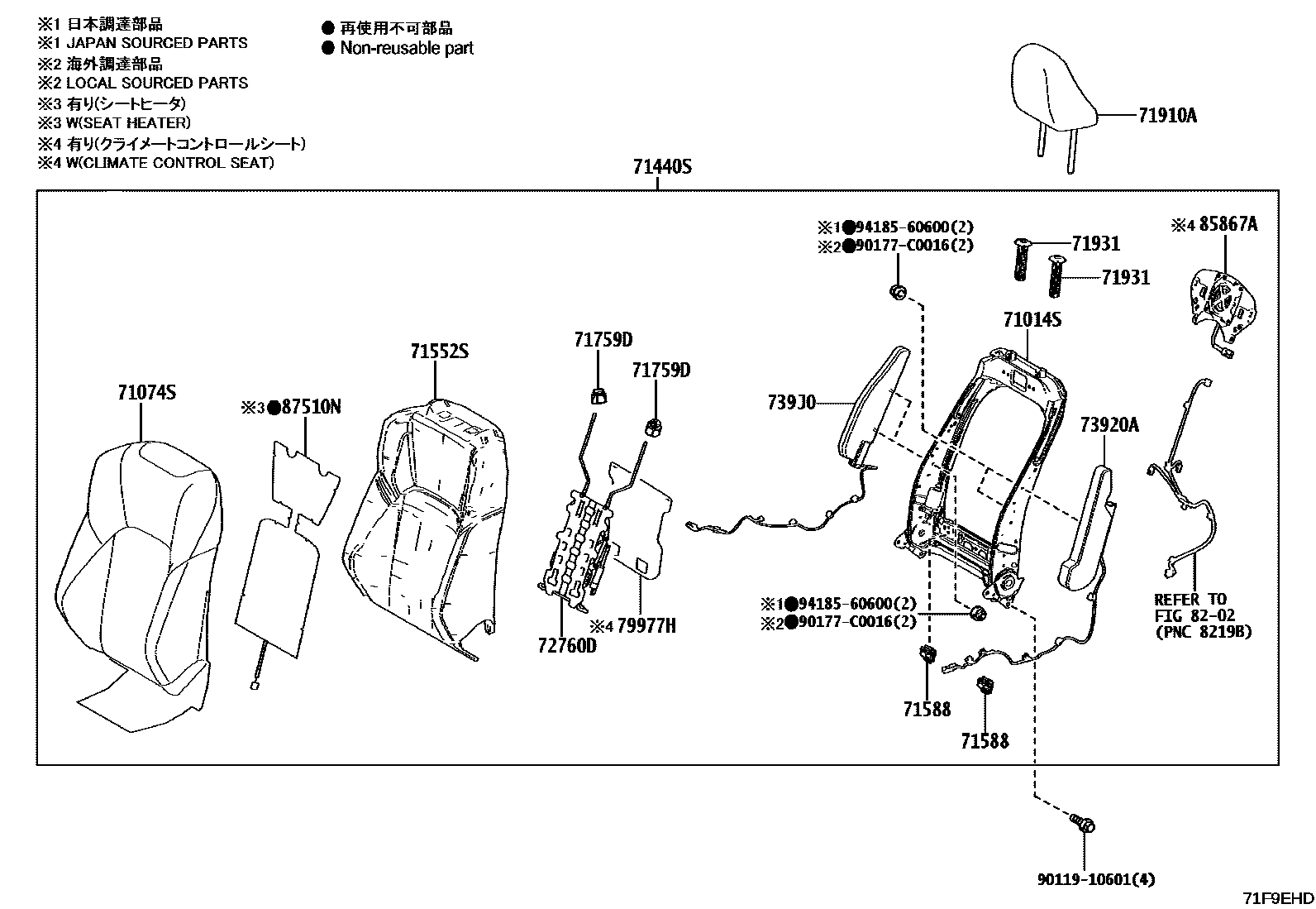 Toyota CAMRY 前排座椅和座椅滑轨 EPC diagram — 71F9EHD