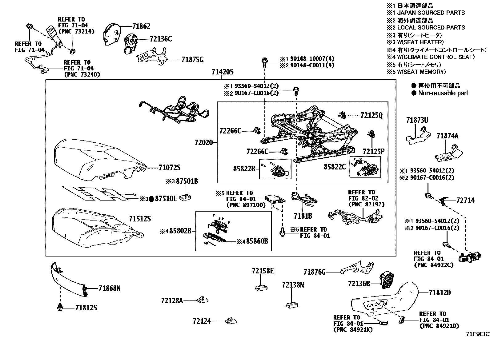 Toyota CAMRY 前排座椅和座椅滑轨 EPC diagram — 71F9EIC