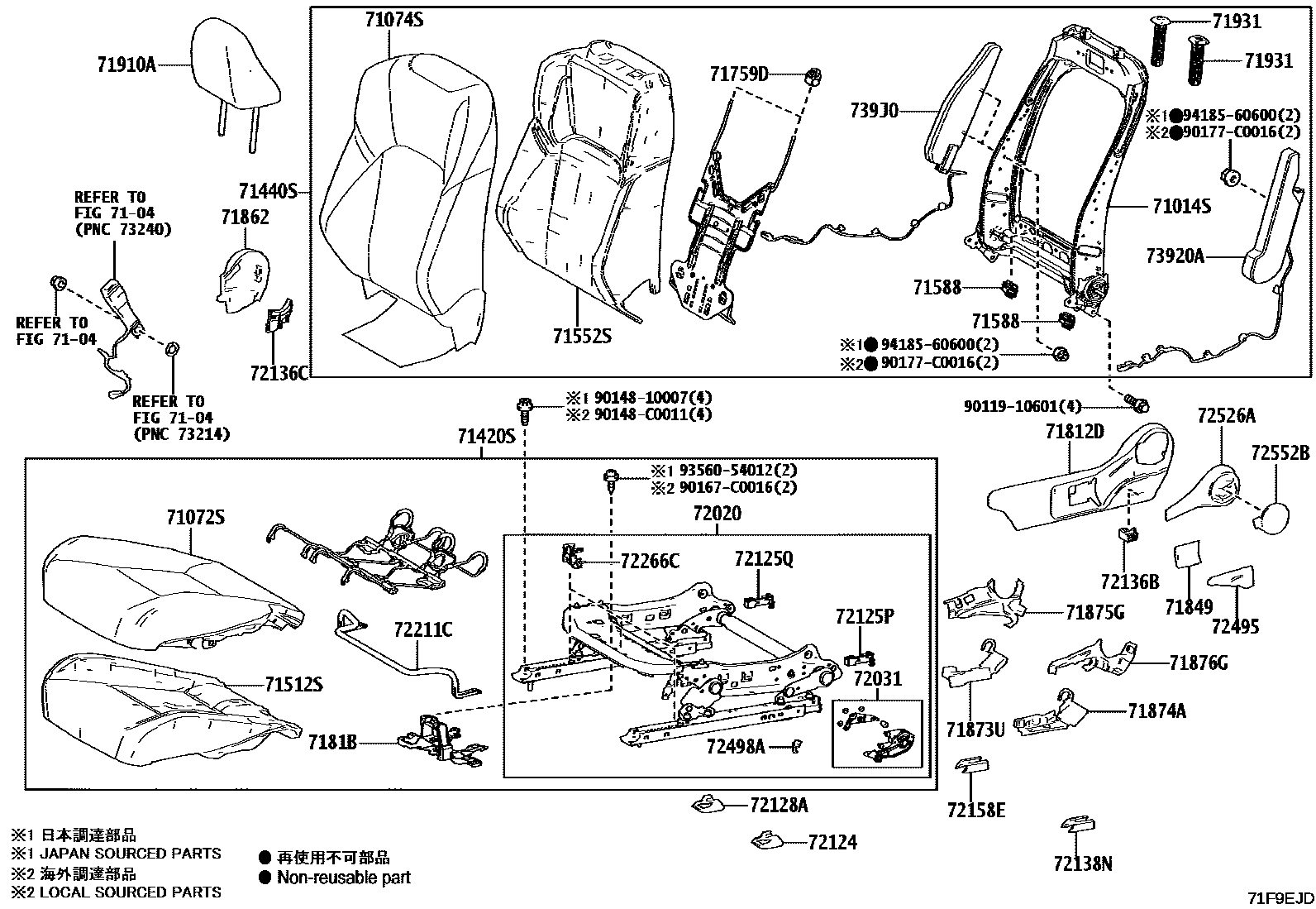 Toyota CAMRY 前排座椅和座椅滑轨 EPC diagram — 71F9EJD