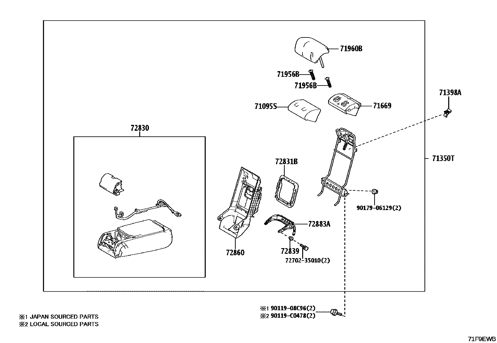 Toyota CAMRY 后排座椅和座椅滑轨 EPC diagram — 71F9EWB