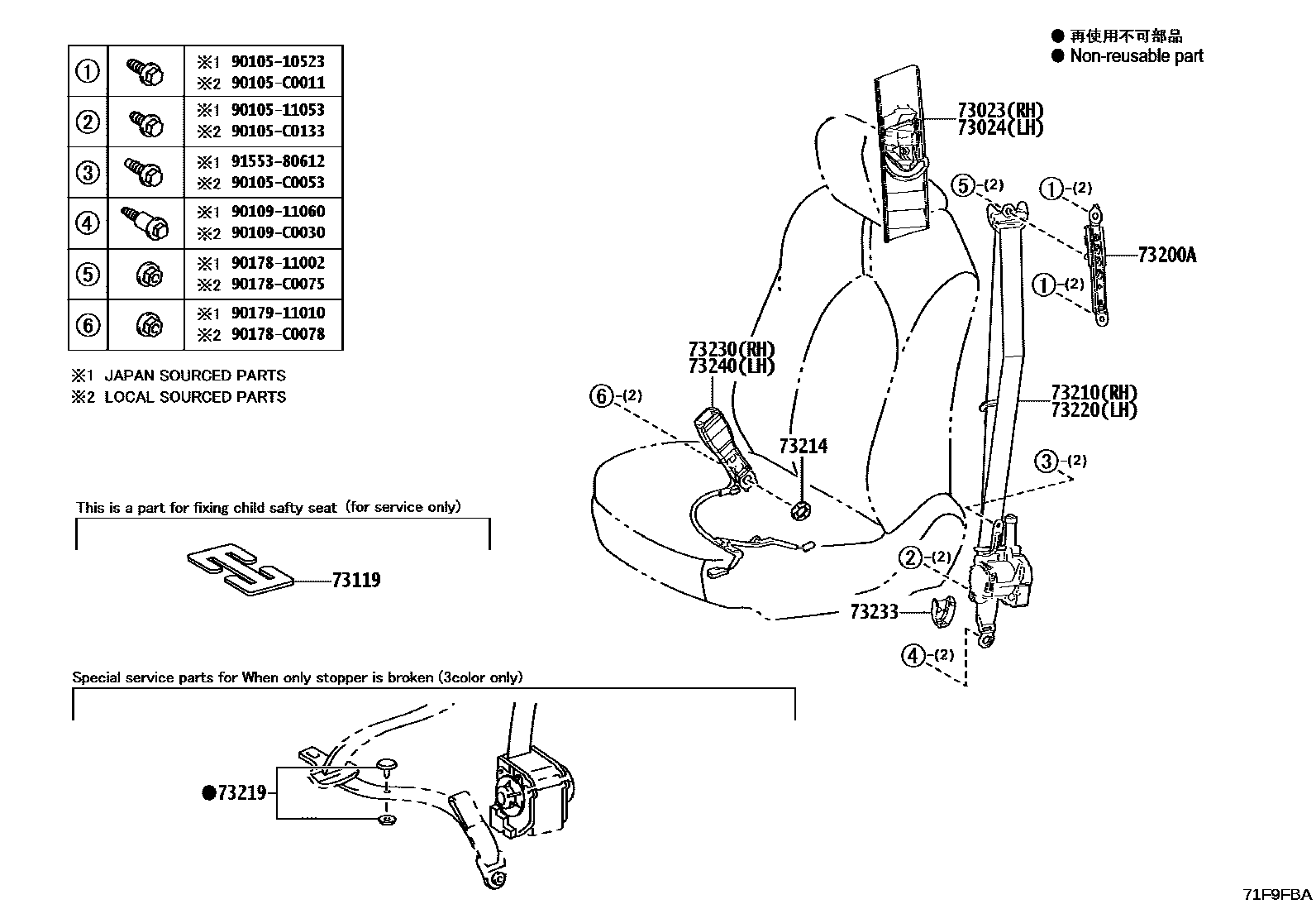Toyota CAMRY 安全带和儿童保护座椅 EPC diagram — 71F9FBA