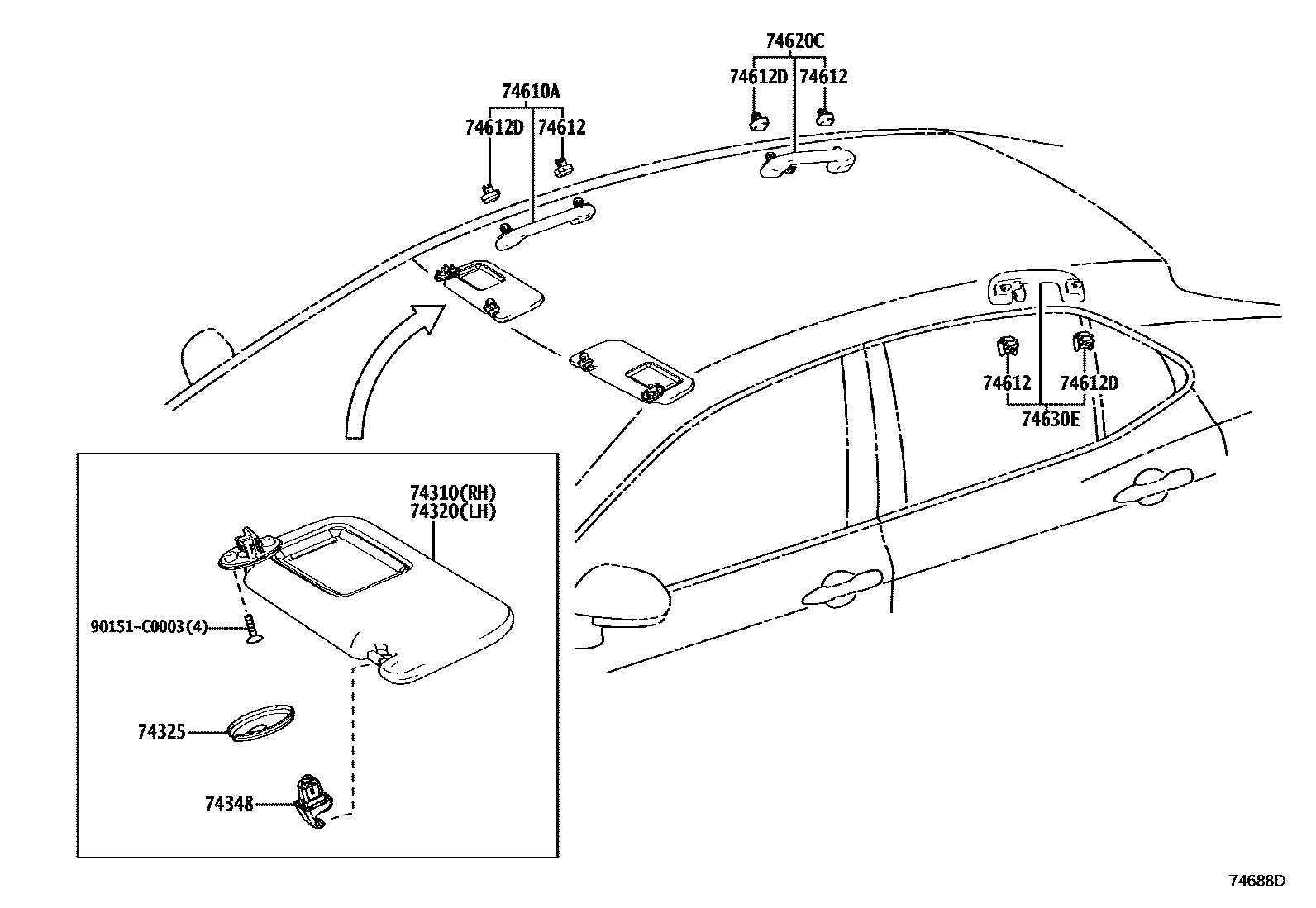 Toyota CAMRY 扶手和遮阳板 EPC diagram — 74688D