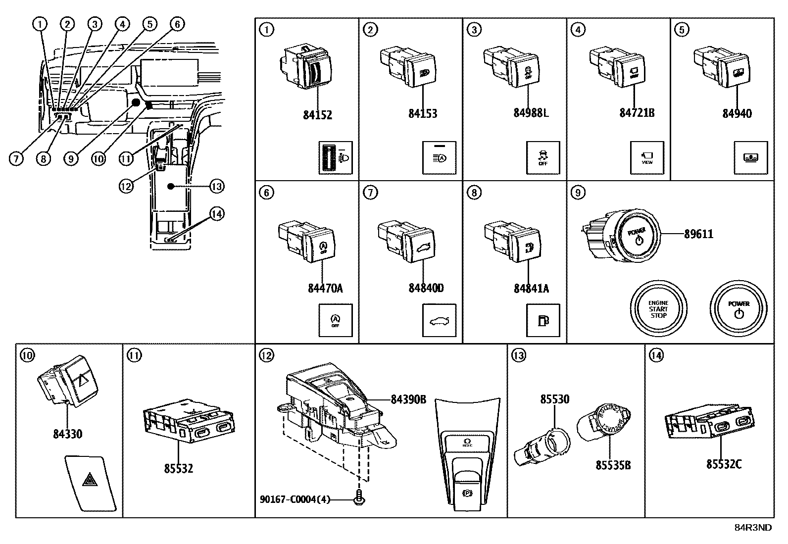 Toyota CAMRY 开关和继电器和ECU EPC diagram — 84R3ND