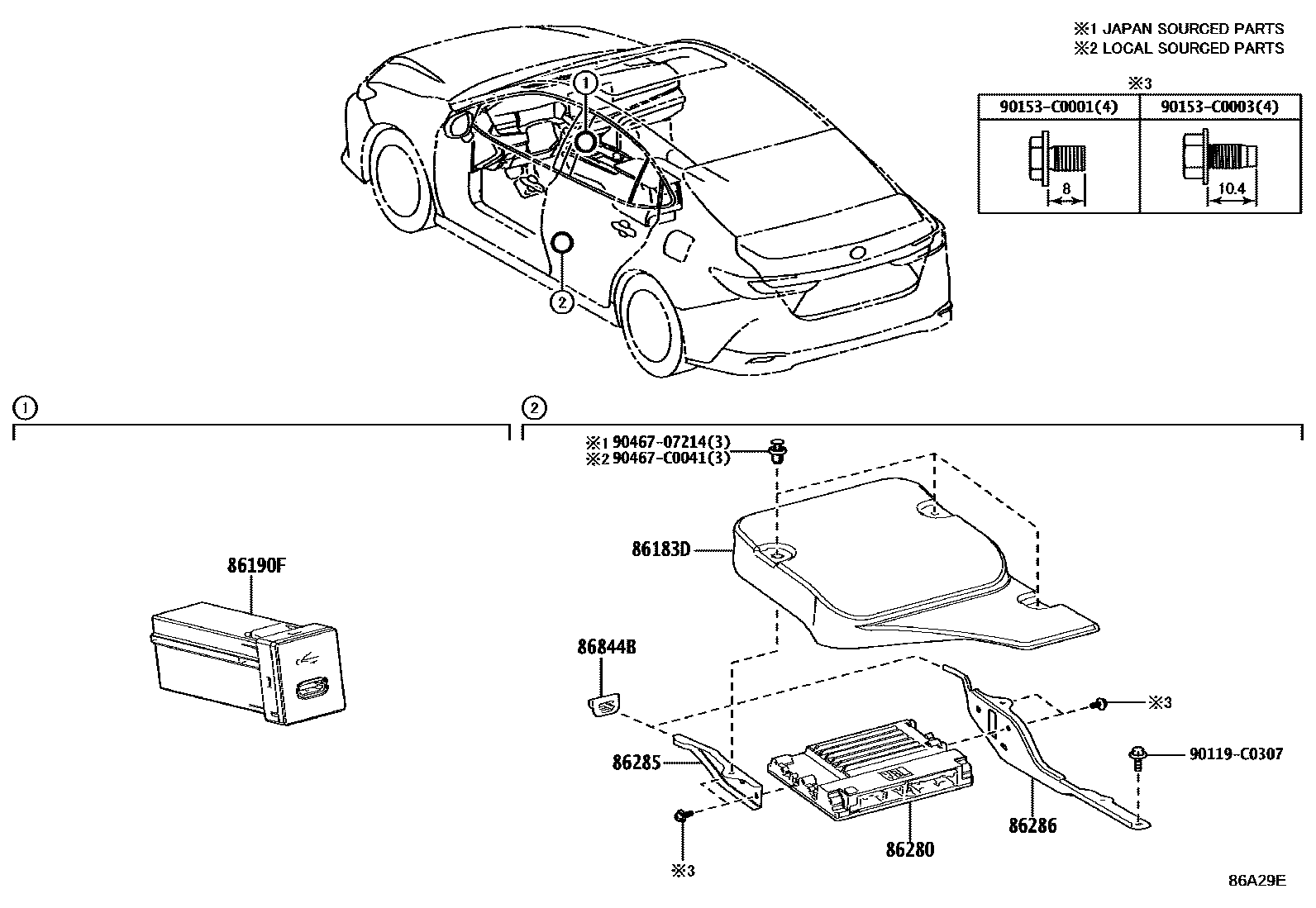 Toyota CAMRY 收音机、放大器和冷凝器 EPC diagram — 86A29E