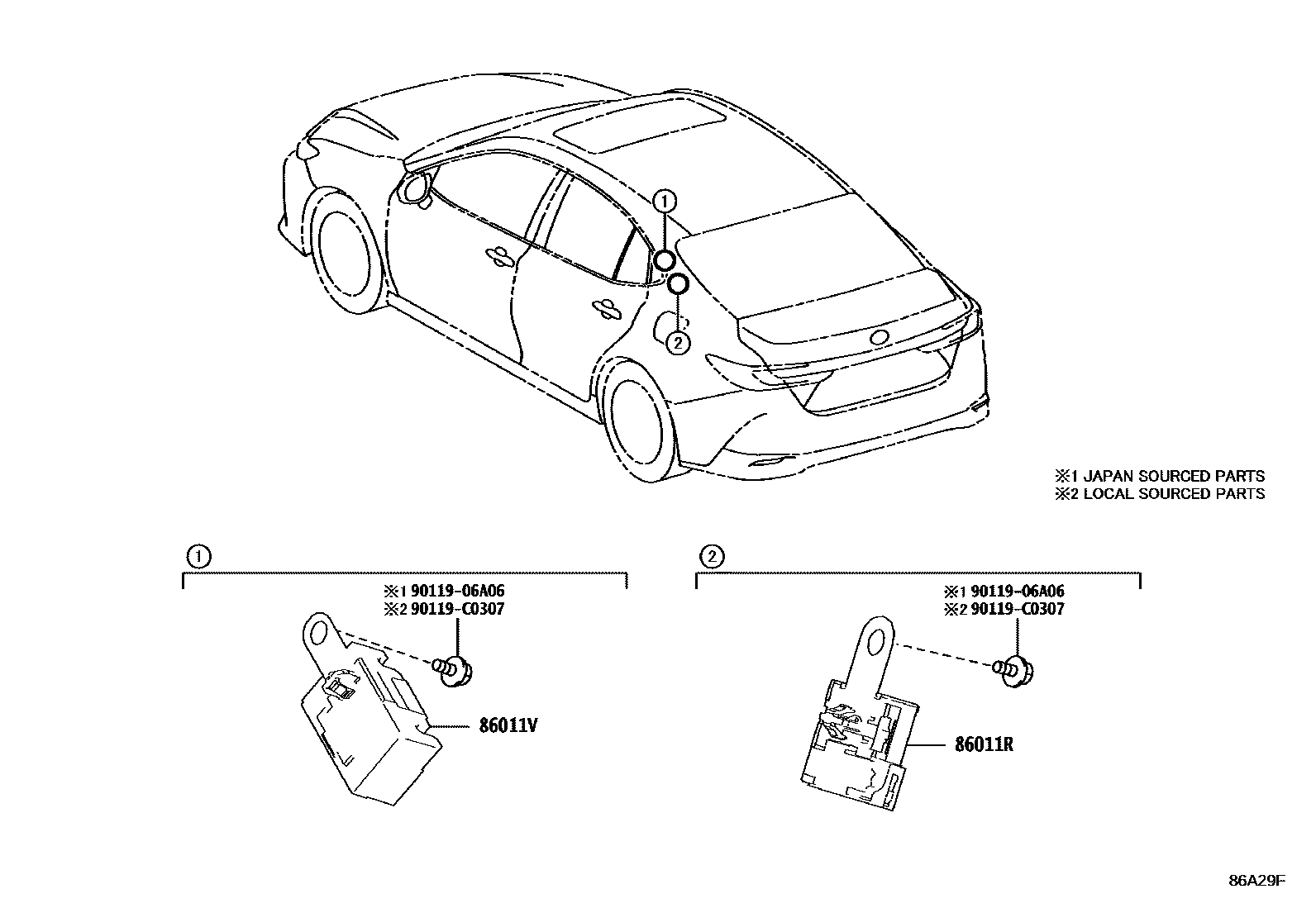Toyota CAMRY 收音机、放大器和冷凝器 EPC diagram — 86A29F