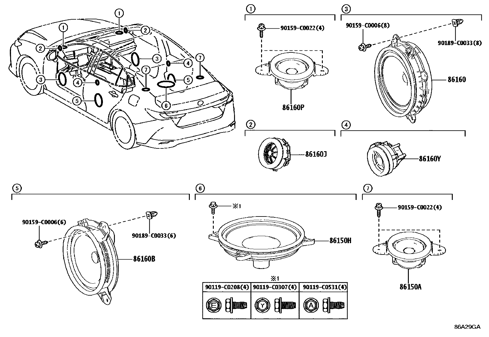 Toyota CAMRY 扬声器 EPC diagram — 86A29GA