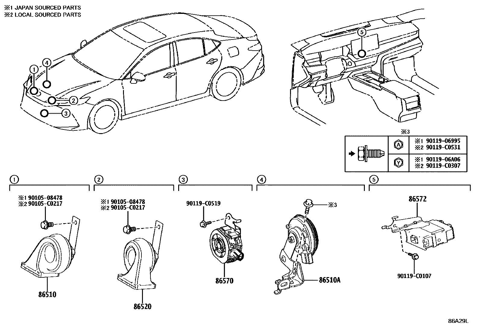 Toyota CAMRY 喇叭 EPC diagram — 86A29L