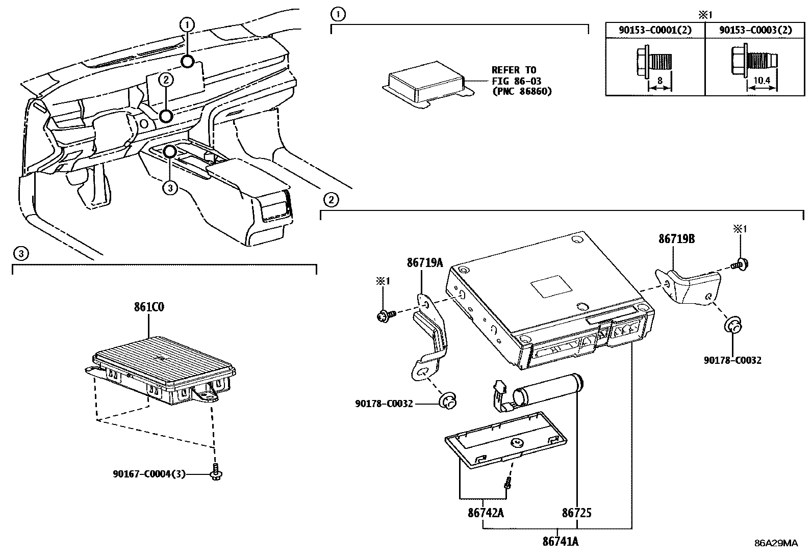 Toyota CAMRY 车载电话和呼救装置 EPC diagram — 86A29MA